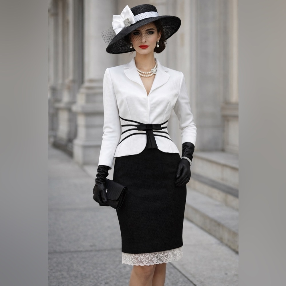 Elegant Black and White Women's Skirt Suit. 2Pc